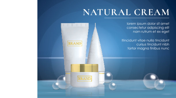 逼真的化妆品瓶子横幅与水和泡沫。奶油，汤，泡沫，洗发水，胶水的广告。为品牌模板模拟。矢量插图。图片下载