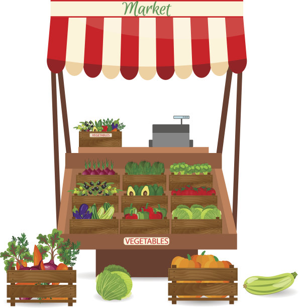 当地的蔬菜摊位。新鲜的有机食品在货架上。农业展览海报。图片下载