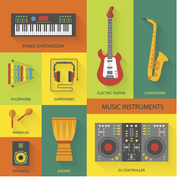乐器的平面图标。图片下载