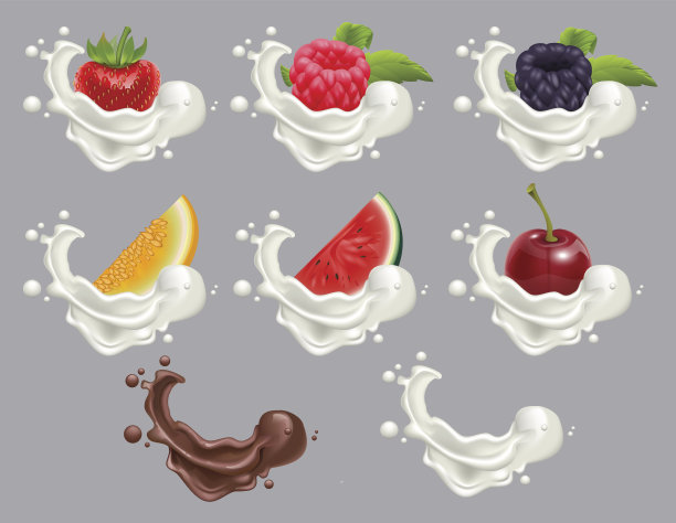 集成熟浆果水果和奶油甜点。草莓，覆盆子，樱桃，西瓜，甜瓜牛奶和巧克力图片下载