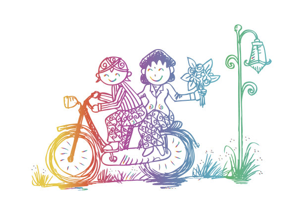 有趣的卡通情侣插画：新娘和新郎骑自行车图片下载