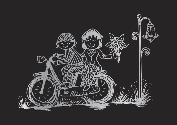 有趣的卡通情侣插画：新娘和新郎骑自行车图片下载