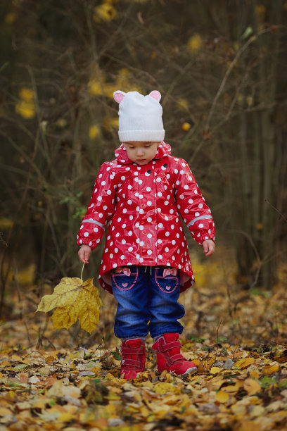 黄色叶子的有趣小女孩图片下载