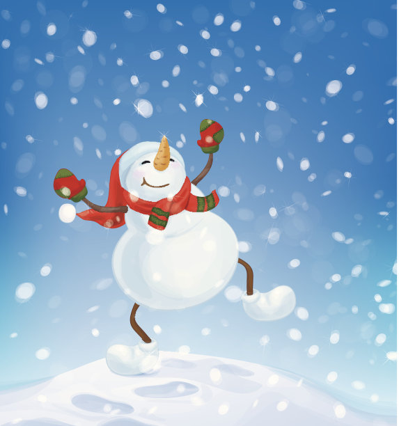 矢量雪人跳舞在下雪的背景。图片下载