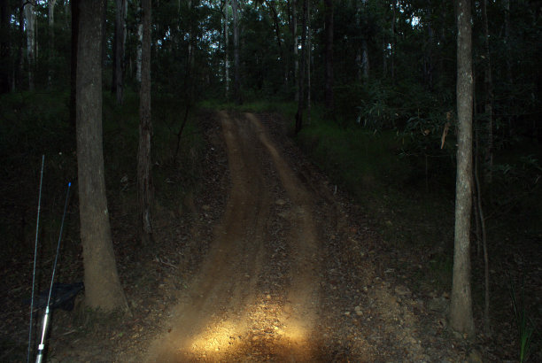 黄昏时分，车灯照在陡峭的土路上图片下载