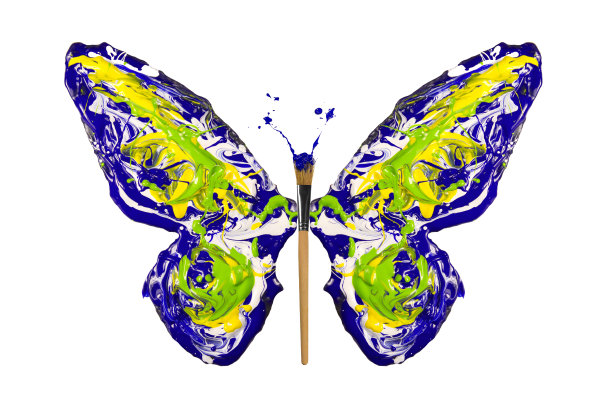 蓝色黄色绿色白色油漆做蝴蝶图片下载