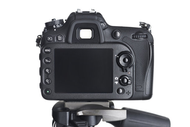 后视图单反相机三脚架孤立白色图片下载