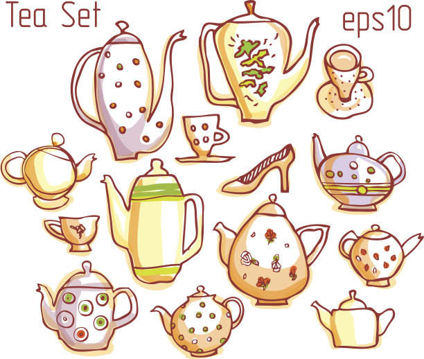 茶壶，杯子和盘子的素描，以有趣的风格。图片下载