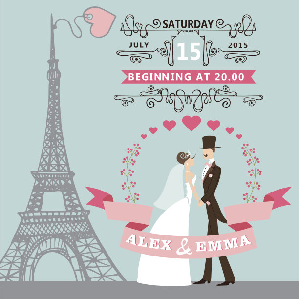 婚礼的邀请。新娘，新郎，花圈。埃菲尔铁塔图片下载