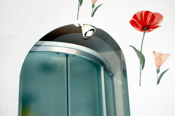 淋浴。镜子。固定装置。设备和浴室照明。瓷砖。郁金香。图片下载