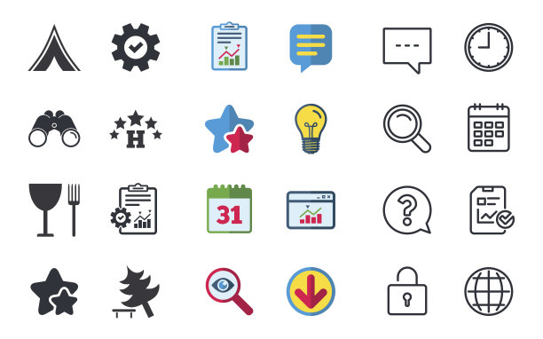 食物，酒店，露营帐篷和树标志。图片下载