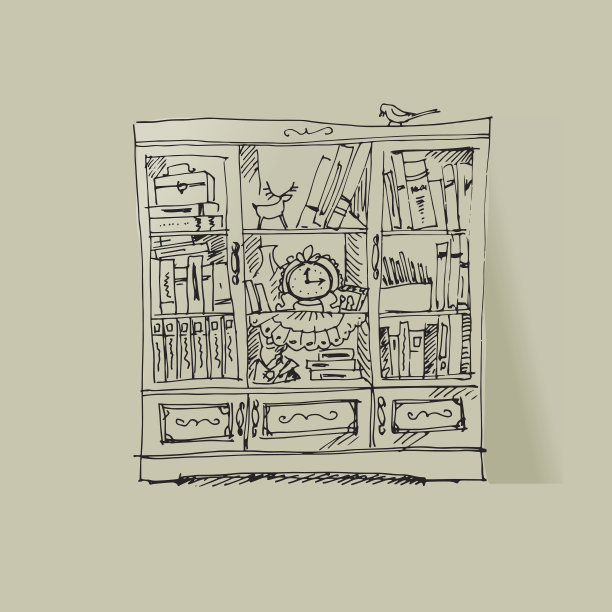 书柜素描矢量插图图片下载