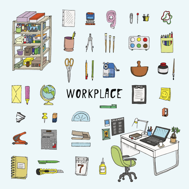 工作场所和文具。涂鸦集。孤立的图片下载
