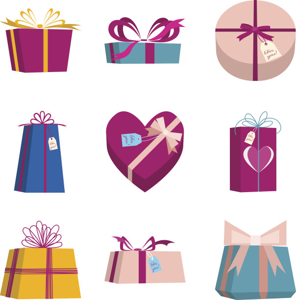 一套礼品盒。生日礼物，情人节礼物，母亲节礼物。孤立的矢量插图上的白色背景。素材图片