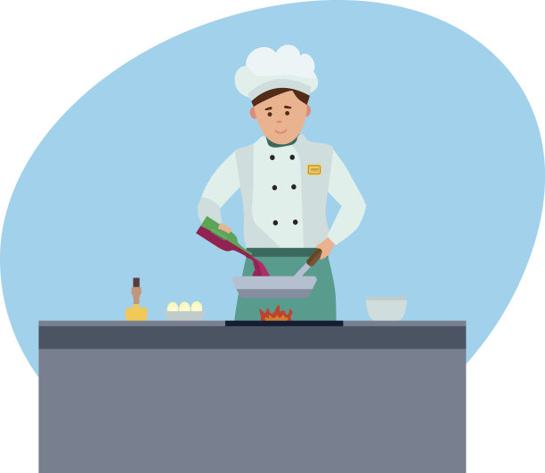 厨师穿着名牌衣服，在现代化的酒店里，用火准备美味的饭菜素材图片