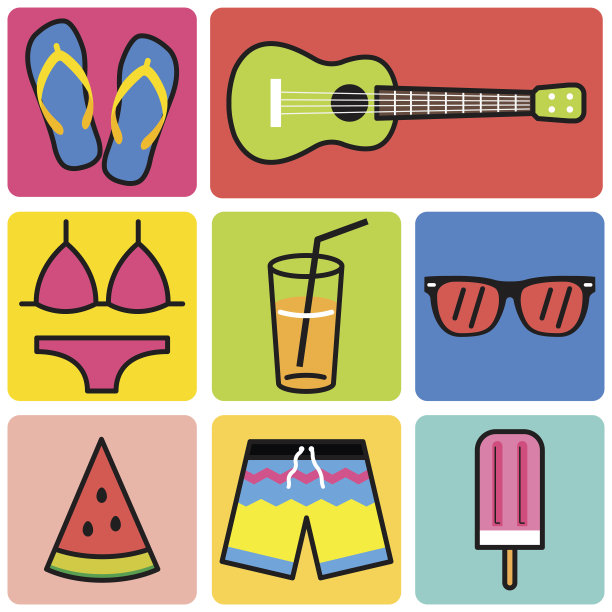 五颜六色的夏季图标，去海滩设置图片下载