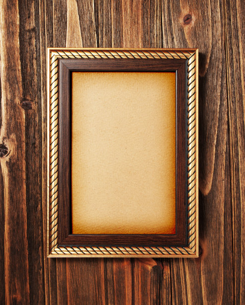 古代风格的金色照片图像框架上的木材背景图片下载