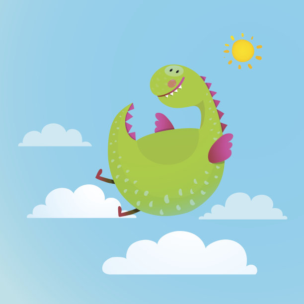 龙在天空中飞翔的彩色卡通儿童。图片下载