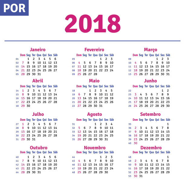 2018年葡萄牙(巴西)日历图片下载