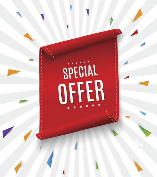 特别提供矢量色带。红色的卷轴。横幅出售标签。市场特价折扣素材图片