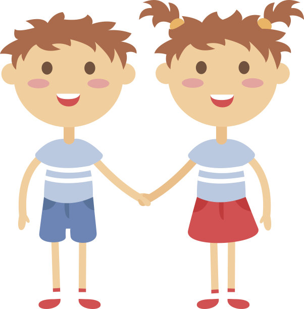 双胞胎快乐的孩子牵手男孩和女孩矢量插图图片下载