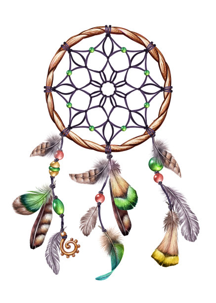 水彩插图，波西米亚羽毛捕梦器，春天复活节剪辑艺术，部落设计，孤立的白色背景图片下载