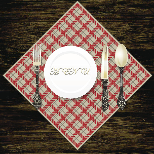 木桌上放着餐具，还有方格餐巾。矢量图图片下载