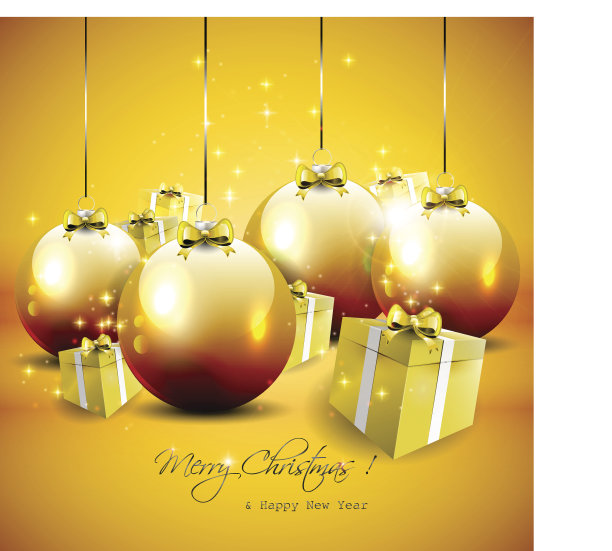 优雅的金色圣诞背景与小饰品和礼物图片下载