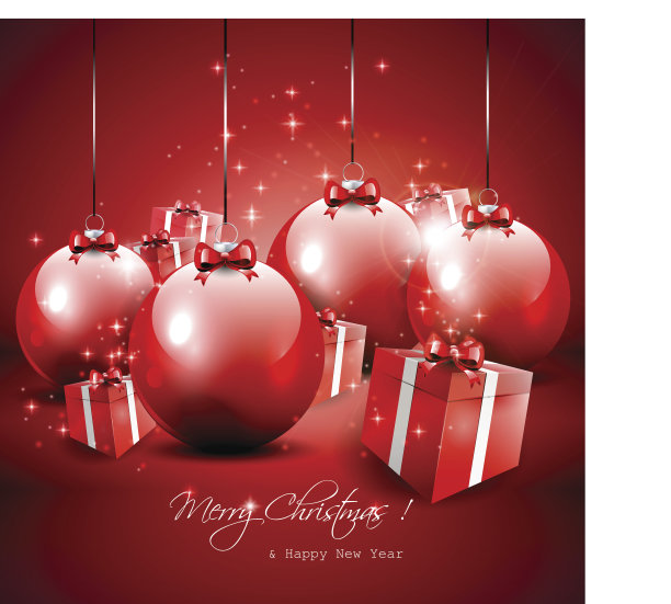 优雅的红色圣诞背景与小饰物和礼物图片下载