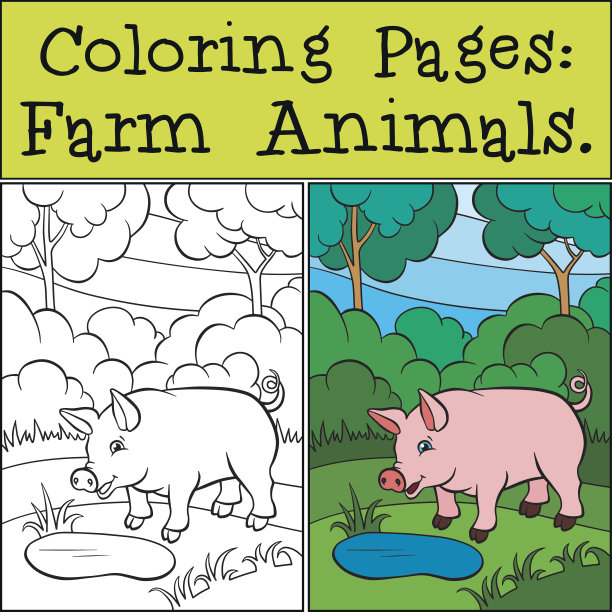 可爱的小猪站在池塘边微笑着。图片下载