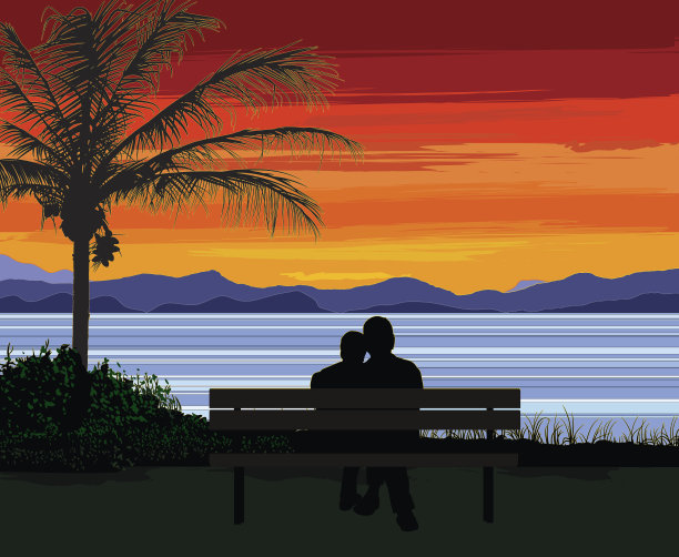 一对浪漫的老年夫妇坐在日落的长椅上图片下载