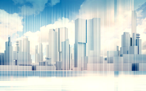 城市天际线，戏剧性的天空，线框3d图片下载