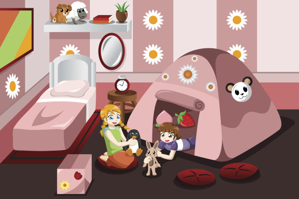 孩子们在卧室里的帐篷里玩耍图片下载