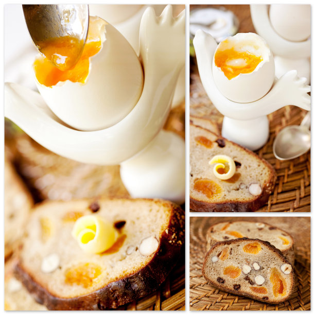 健康早餐:煮鸡蛋和全麦面包。拼贴画。图片下载