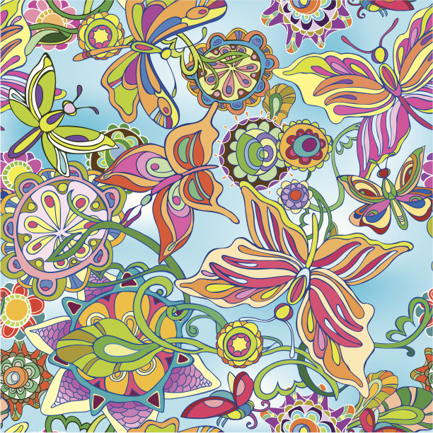 装饰的花朵和蝴蝶迎着蓝天飞舞。画图片下载