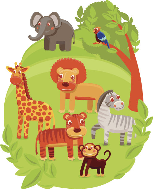 有趣的卡通动物在绿色的丛林图片下载