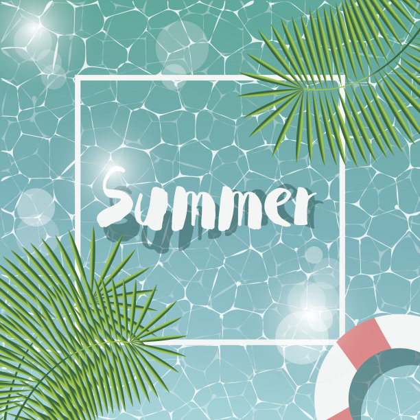 游泳池，俯视图，字体你好夏天的信息，夏天的时间素材图片