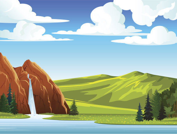 有瀑布和山丘的夏季景观图片下载