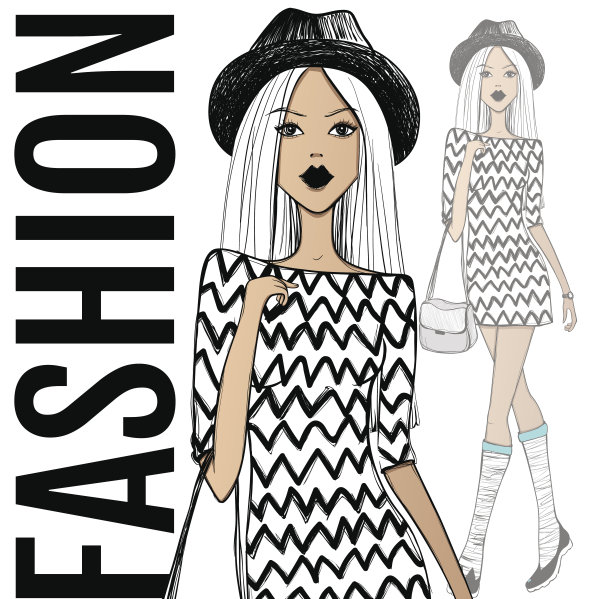 时尚插画。向量的女孩。草图模型。美丽的脸图片下载