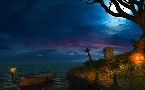 南瓜和船的万圣节场景图片下载