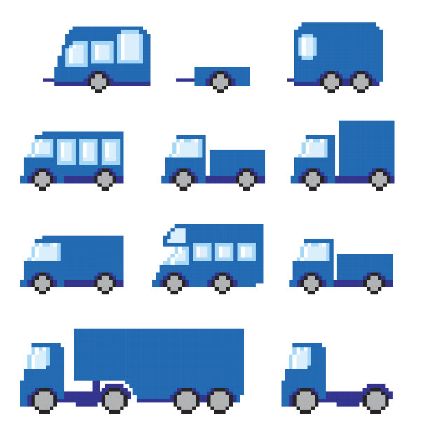 像素运输图标集。老式的电脑图形风格。图片下载