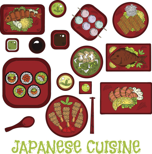 日本海鲜晚餐与甜点素描图标图片下载