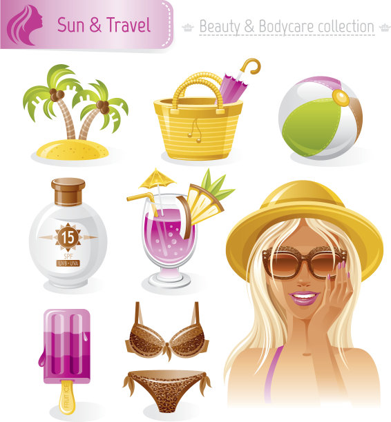 太阳海滩美容化妆品偶像集与年轻女子图片下载