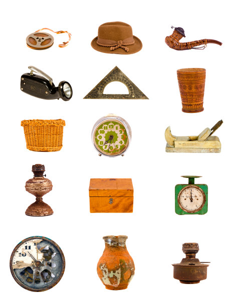 各种古董工具和物体孤立在白色上图片下载
