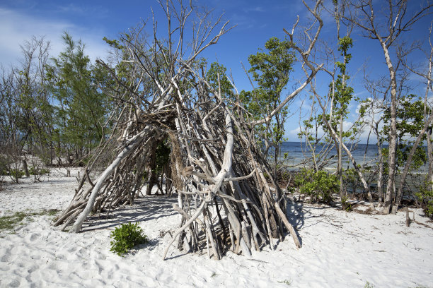 建在海滩上的原始帐篷结构图片下载