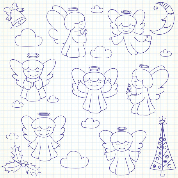 矢量圣诞天使和装饰物的收藏在涂鸦风格图片下载