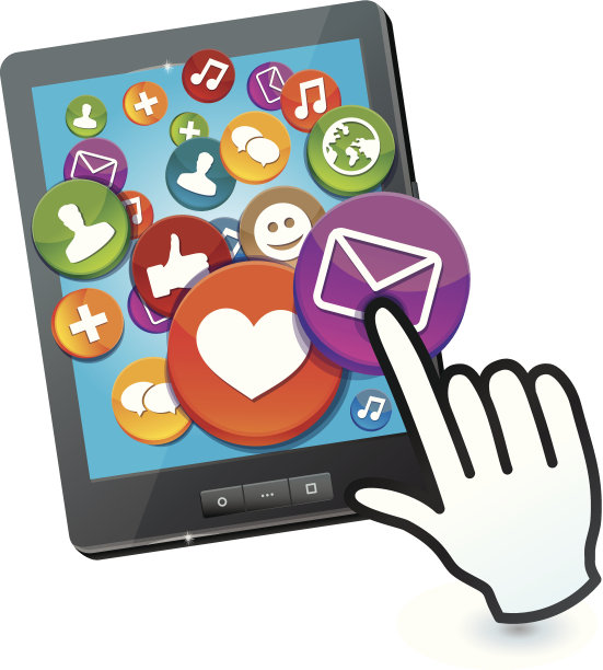 带有社交媒体图标和手光标的平板电脑图片下载