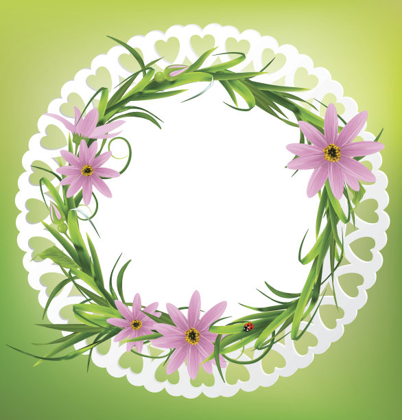 有花，草和瓢虫的圆形卡片。矢量图图片下载