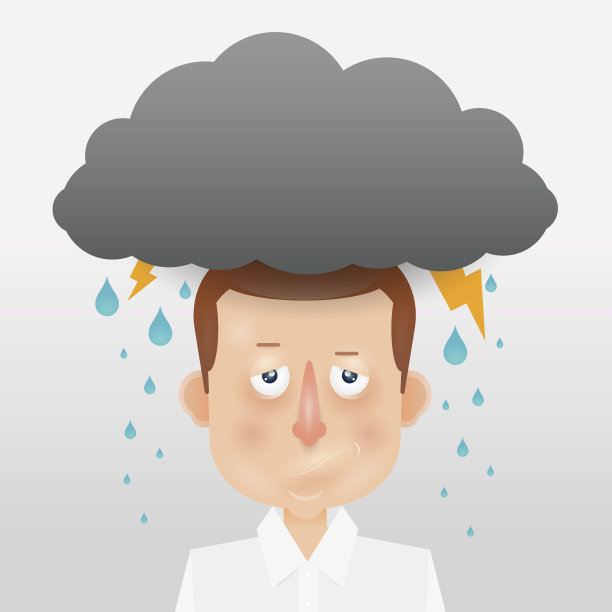 头上有一团灰色云的卡通青年。图片下载