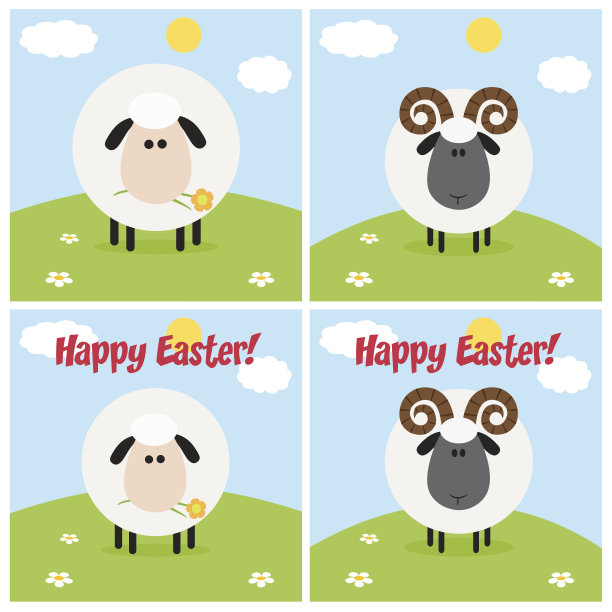 收集绵羊和公羊的平坦设计在一个草地图片下载